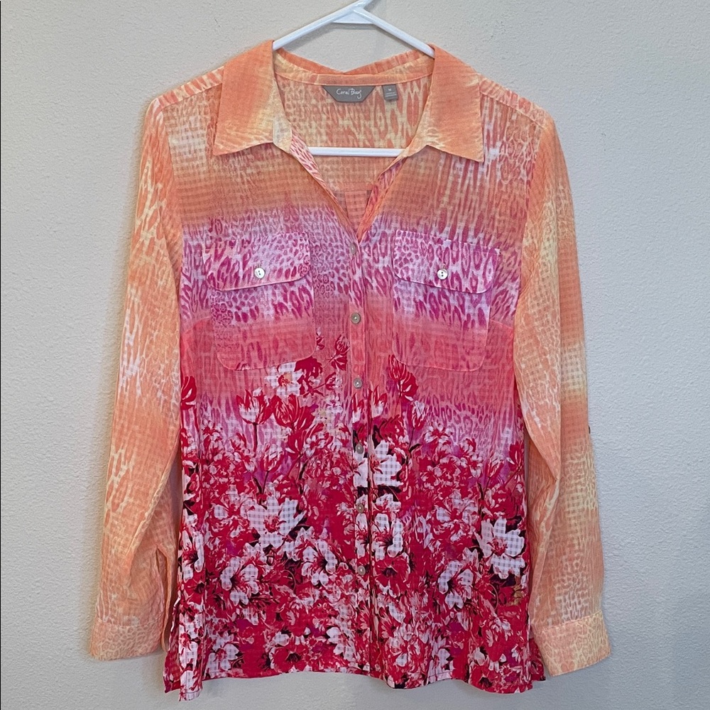 Coral Bay Floral Tie Up Sleeve Button Down Collared Blouse Size Medium